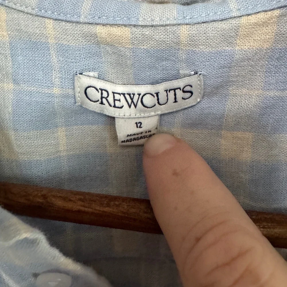 Crewcuts Button Down Shirt Kids‎ Size 12 Blue Plaid Excellent Linen Cotton Blend